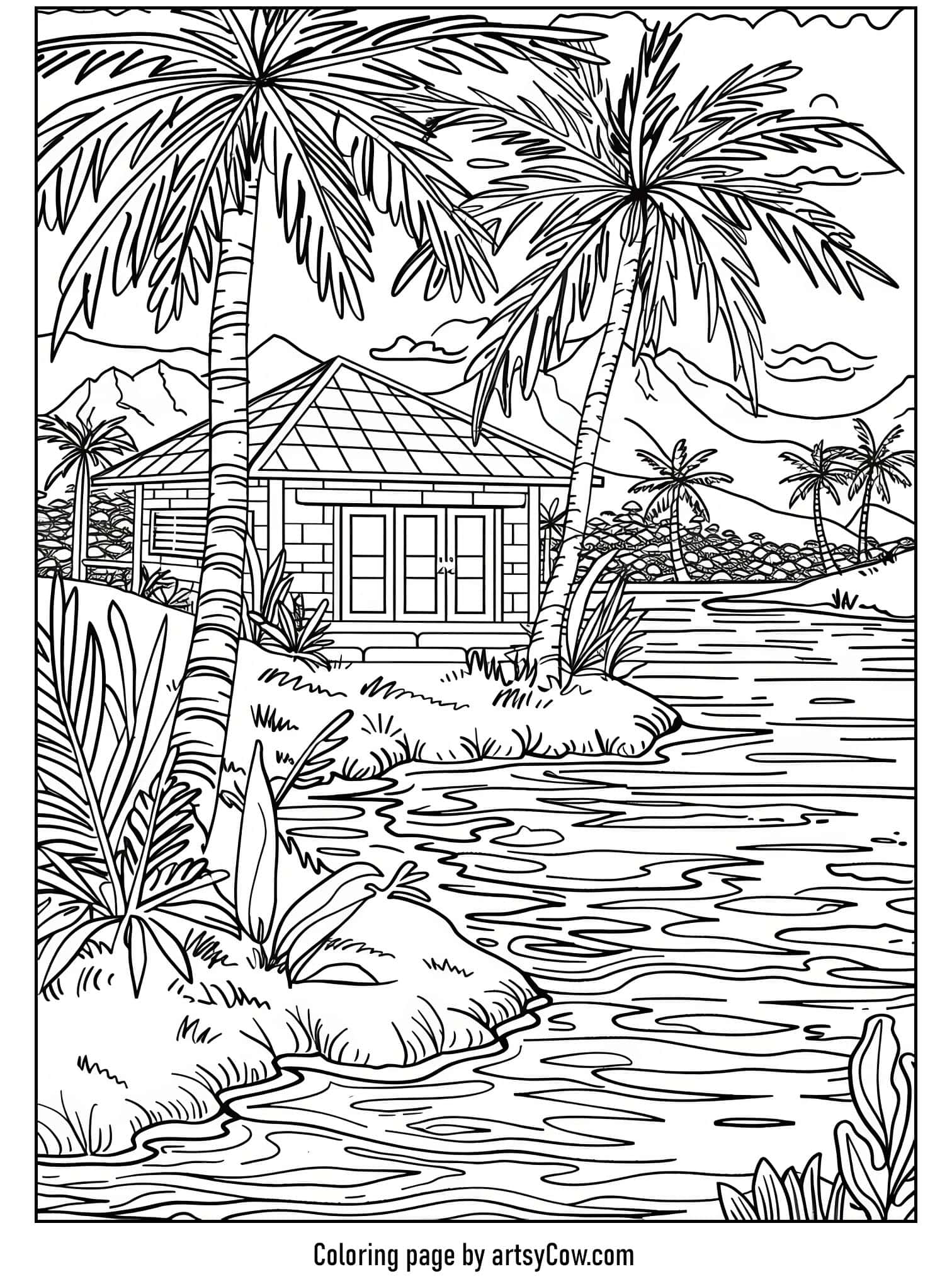 a desert oasis with a palm-fringed pond and distant mountains